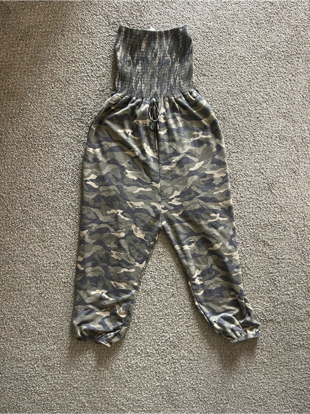Camo Smocked Waist Jumpsuit Romper - Olive Green